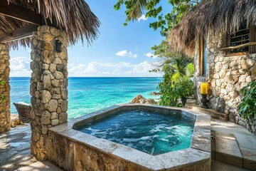 Fototapeta premium Luxurious caribbean spa with outdoor hot tub overlooking clear blue waters and lush palm trees