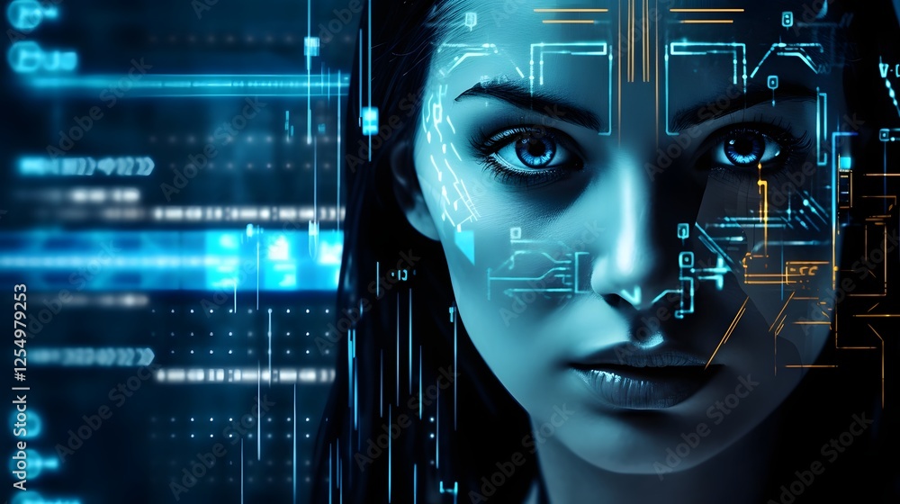 Aufkleber a cybernetic face with financial graphs and data visualizations reflecting in its digital eyes showc