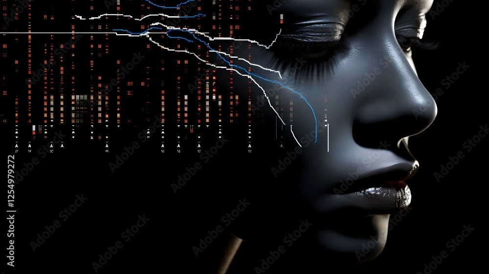 Poster a cybernetic face with financial graphs and charts reflecting in its eyes showcasing the power of fu