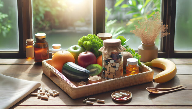 Healthy A natural and organic-themed arrangement of dietary supplements and fruits on a woven bamboo tray, p3