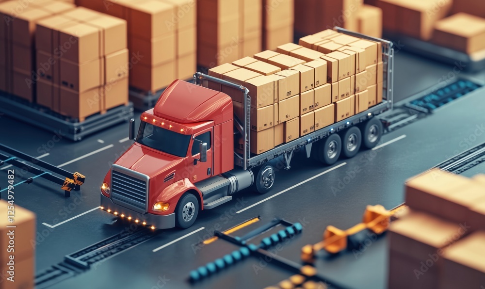 Poster red delivery truck transporting cardboard boxes on industrial road with loading area