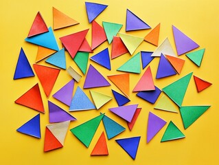 Colorful paper triangles scattered on yellow background (1)