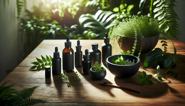 Healthy A detailed view of black wellness containers and bottles arranged on a wooden surface with a small b4