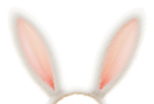 Soft, fluffy bunny ears are perched atop a headband, adding a whimsical touch to a festive event, on a transparent background