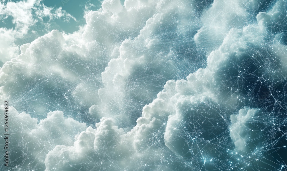 Poster Clouds with Digital Network Overlay Representing Connectivity and Technology