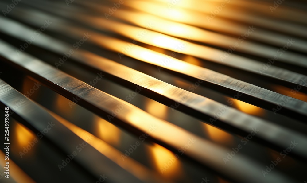 Poster golden light reflecting on metallic strips creating abstract patterns and textures