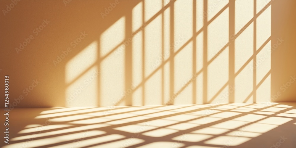 Poster shadows cast by window grilles on beige wall and floor creating abstract patterns