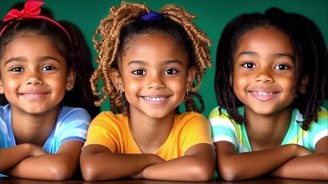 Three girls with different hairstyles and colorful shirts smiling while sitting side by side.