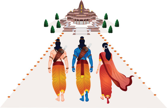 Lord Shri Ram With Mata Sita And Lakshman Returned Ayodhya Temple Vector Illustration