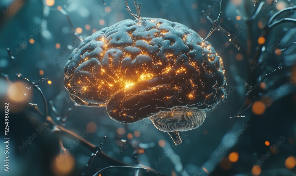 Poster illuminated brain surrounded by glowing neural connections and abstract background