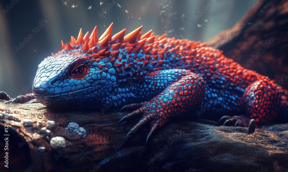 Poster vibrant blue and red lizard resting on log in enchanted forest setting