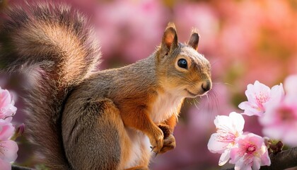 Fototapeta premium Adorable Squirrel with Blossoms – Cute Wildlife Photography in Nature