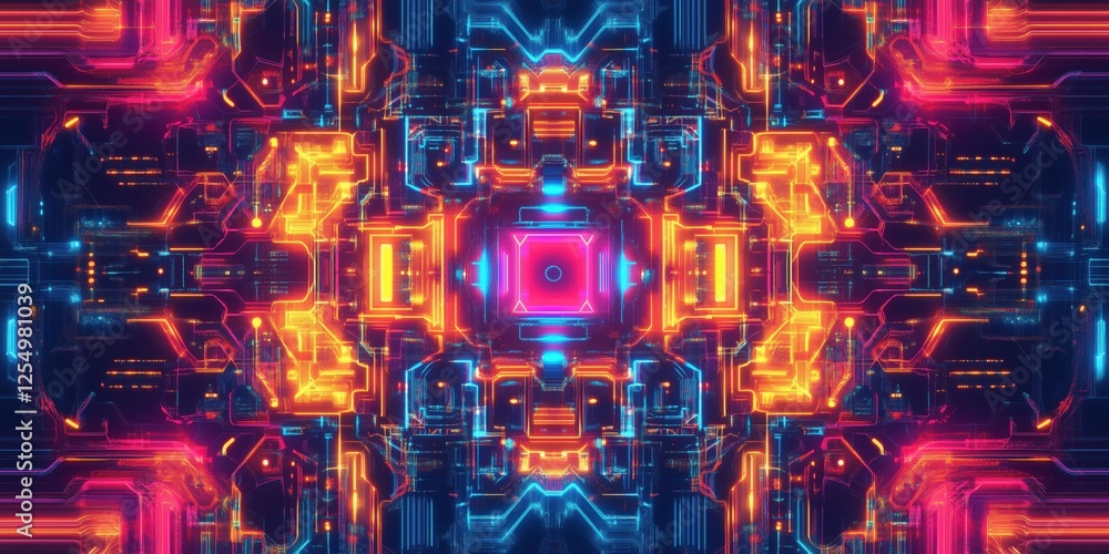 Poster futuristic neon circuit board design with vibrant colors and intricate patterns