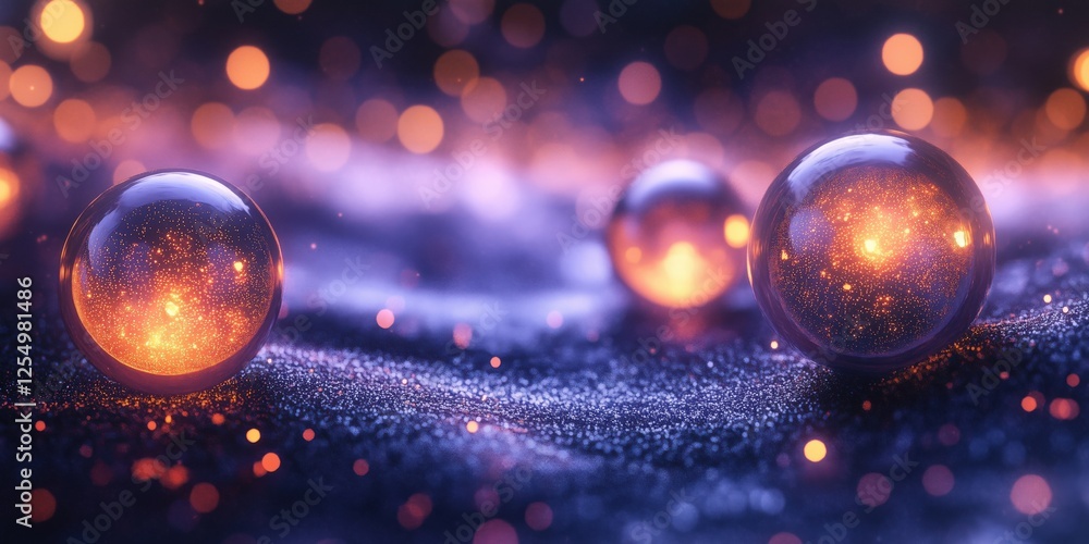 Poster glowing orbs on sparkling surface with cosmic background and bokeh effects