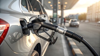 Close-Up of Gas Pump Nozzle Fueling a Metallic Silver Vehicle V1