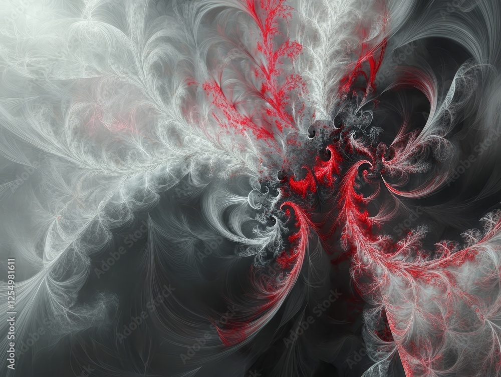 Poster red, grey fractal art; swirling digital design; dark background; website header