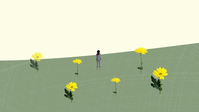 Contemporary motion collage video of girl stand back flower bloom field park walk spring weather weekend holiday