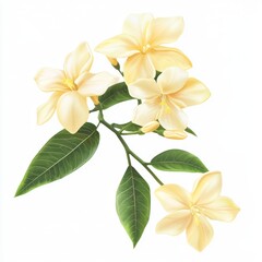 Delicate Yellow Flowers with Green Leaves on a White Background in a Fresh and Natural Style