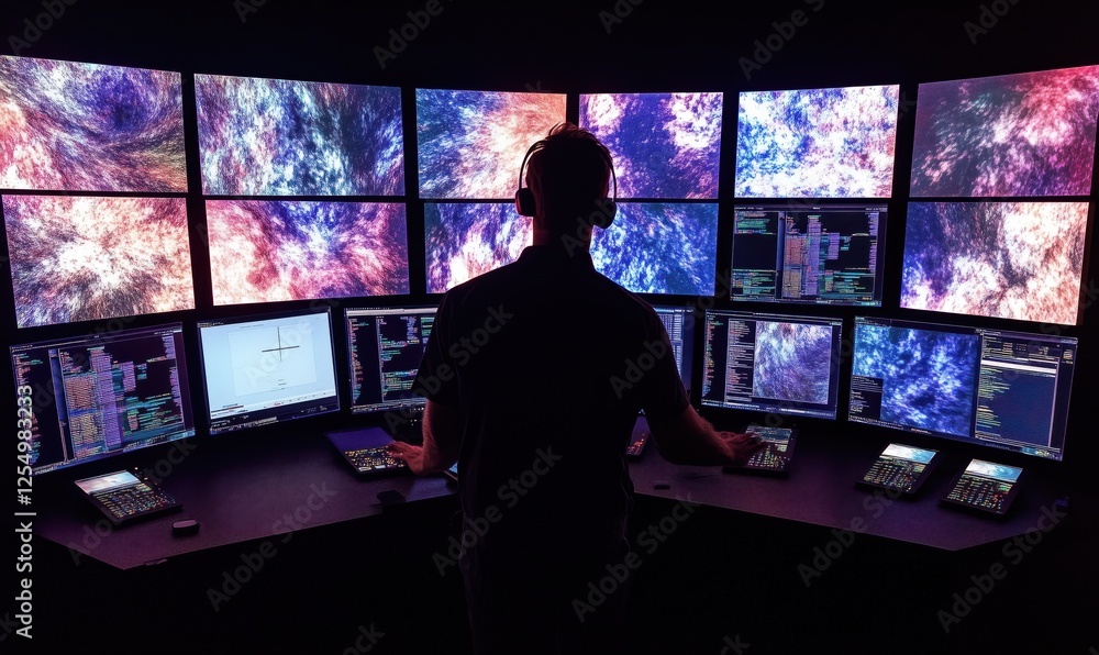 Poster high-tech control room with multiple screens displaying data and visualizations