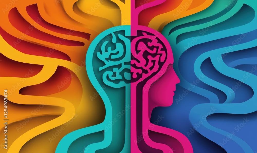 Poster colorful abstract representation of human brain and mind with vibrant patterns and shapes