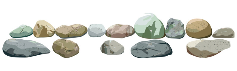 Stones river vector illustration, lined row rocks, isolated transparent background, realistic nature, stone texture, clear water, river rocks, riverbed, landscape art, realistic river scene © aura studio