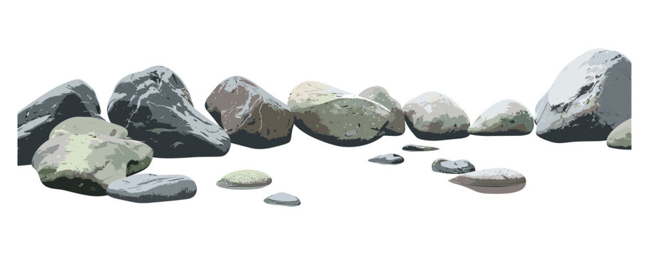 River stones, vector illustration, isolated rocks, lined row, realistic river, transparent background, natural stone texture, riverbed art, rocks in water, scenic river landscape
