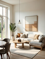 Modernes, skandinavisches Wohnzimmer mit natürlichem Licht