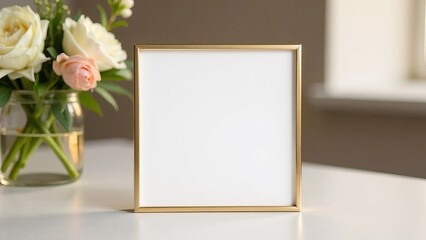 Blank white letterhead in wooden frame on desk, space for text, invitation mockup. Minimal business brand template. Soft shadow