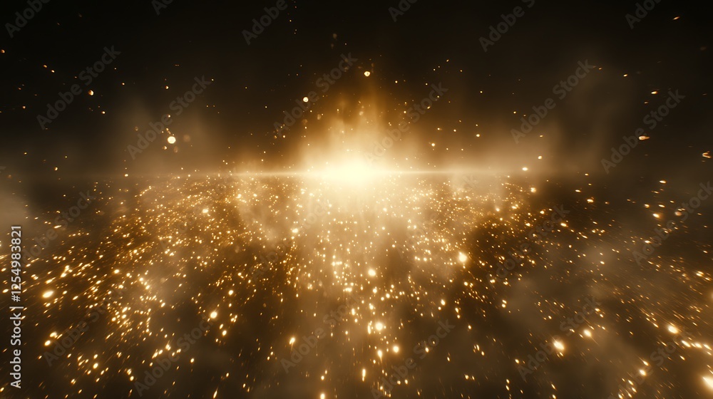 Poster exploding golden light with sparkling dust particles in space abstract dark background 89 characters