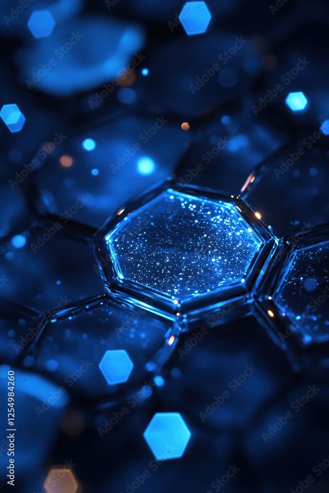 Poster abstract hexagonal design with sparkling texture in deep blue tones and soft bokeh