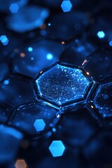 Naklejka premium Abstract Hexagonal Design with Sparkling Texture in Deep Blue Tones and Soft Bokeh
