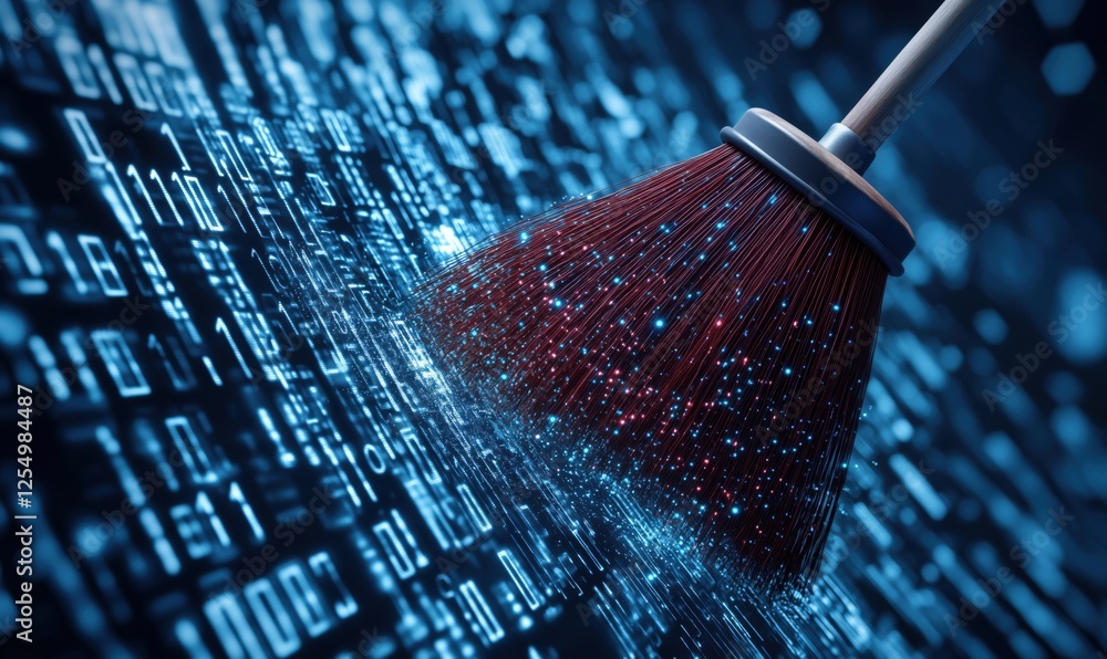 Poster data cleaning process represented by broom sweeping through binary code
