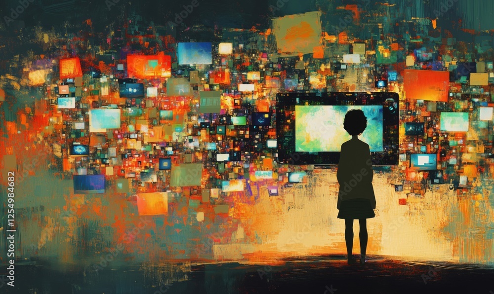 Poster digital overload: child silhouette surrounded by colorful screens and data streams