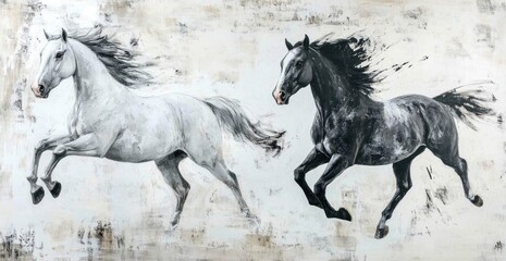 Fototapeta premium Two majestic horses, white and black, in motion, against a textured background.