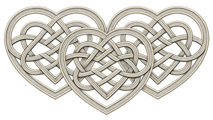 Three heart shapes are constructed using a Celtic knotwork design. The interwoven lines give it an intricate, timeless look, suitable for designs involving Celtic themes, love, or Valentine's Day.