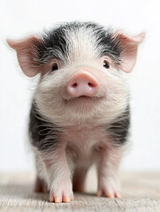 A charming close-up of a black and white piglet with a pink snout, standing on a wooden surface.
