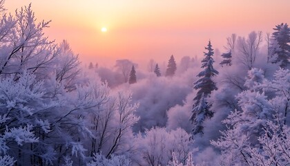 Magical Winter Sunrise over a Frosty Forest Landscape, Snow-Covered Trees and a Misty Atmosphere