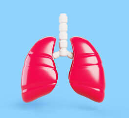 3d anatomy human lungs medical icon render. Cartoon internal body organ of air breath with trachea and bronchi isolated on blue background. Respiratory system, pulmonology concept. 3D illustration