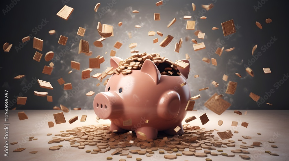 Aufkleber cartoon style piggy bank with animated coins falling into it representing the fun and playful concep