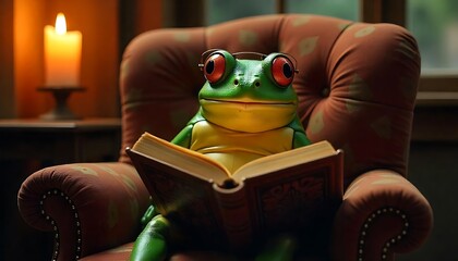 A charming illustration of a wise frog wearing glasses and engrossed in reading a book in a cozy armchair by candlelight.