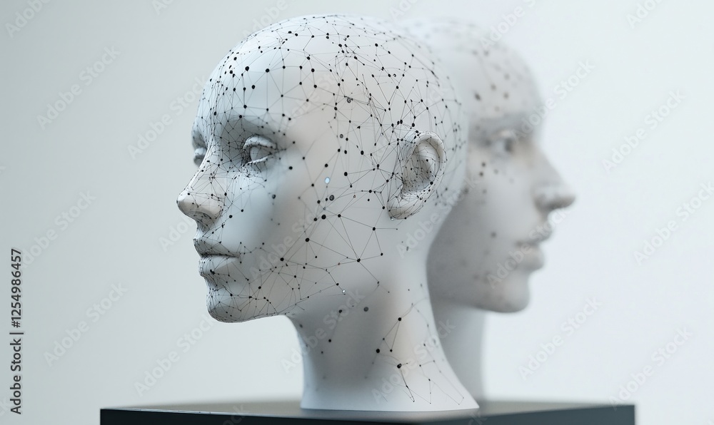 Poster abstract mannequin heads with network-like patterns representing artificial intelligence and technol