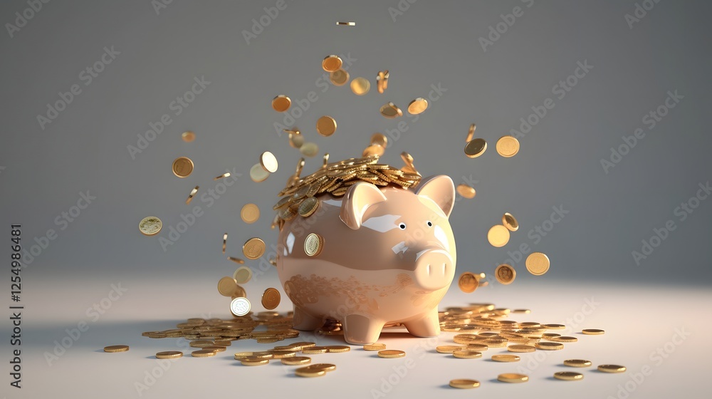 Poster cartoon style piggy bank with animated coins falling into it representing fun playful and rewarding 