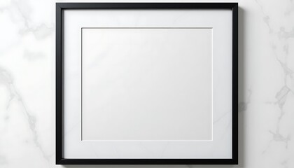 Blank modern black square picture frame on a white marble wall, perfect for mockup and design projects, elegant and minimalist style