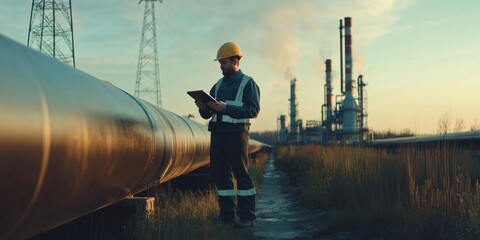 Oil and gas worker inspecting pipeline infrastructure at sunset, industrial background