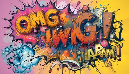 OMG!  Wild and crazy graffiti art explosion with vibrant colors, bold lettering, and dynamic composition.