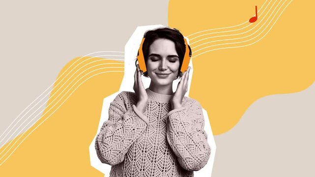 3d poster motion collage video of girl meloman wear wireless headphones listen music playlist note track enjoy club