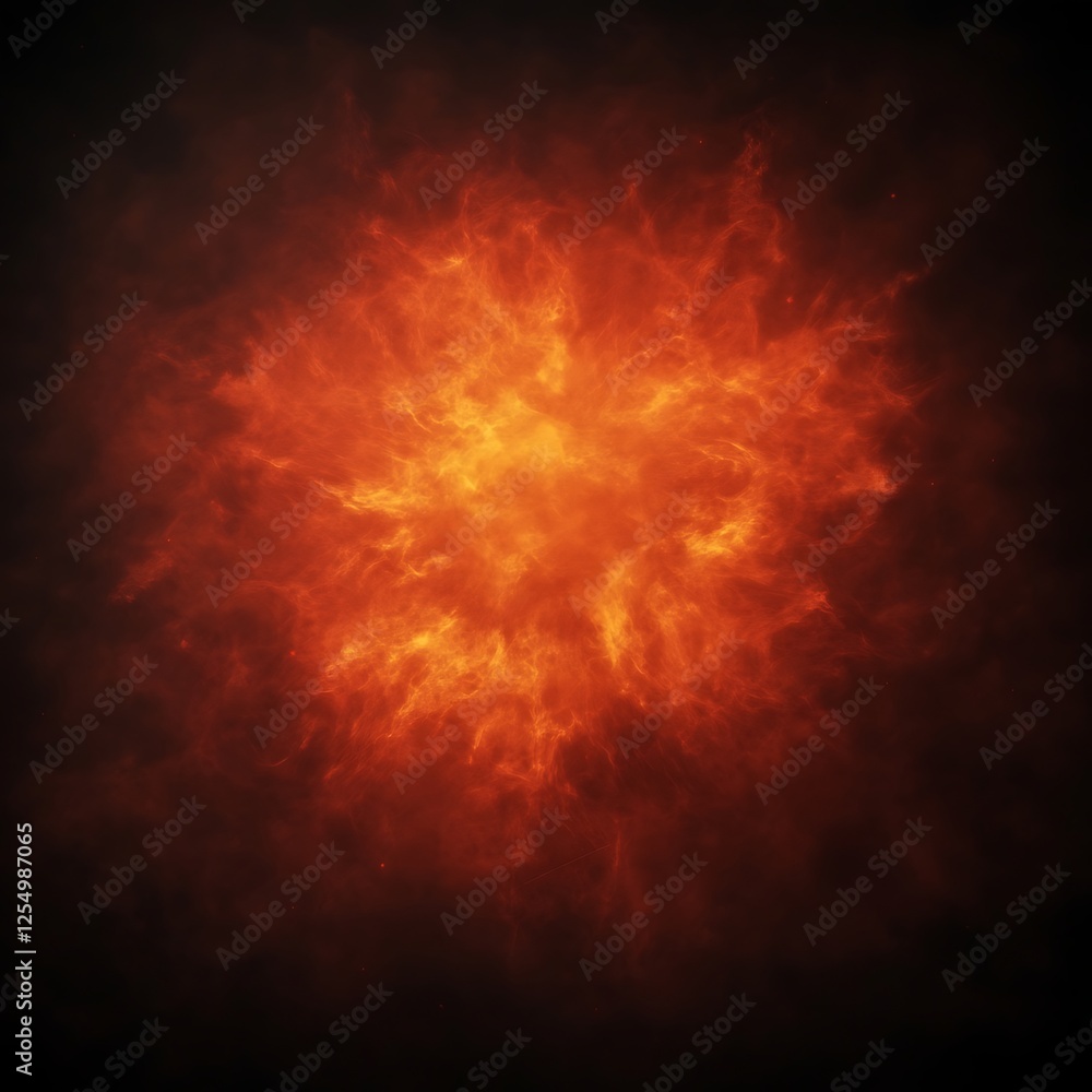 Poster fiery explosion of energy bursting forth from a singular point of origin in the void of space