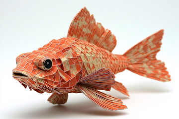 Orange paper fish with mosaic scales, crafted with detailed fins, on a white background.