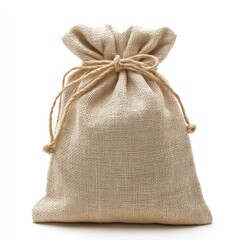 Beige burlap sack tied with twine, isolated on white, for packaging or rustic design
