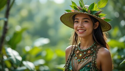 Beautiful Asian woman wearing a stunning green jeweled necklace and a leaf-adorned hat in a lush green jungle setting.